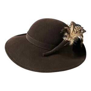 Vintage Brown Wool Felt Hat Feather Accent Cloche Style w Hat Pin